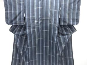 アンティーク　縞に横段模様織り出し手織り紬着物